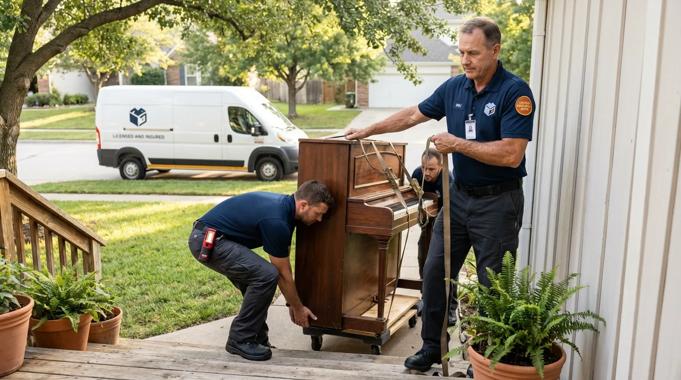 Licensed piano movers securing grand piano in Zwolle, LA