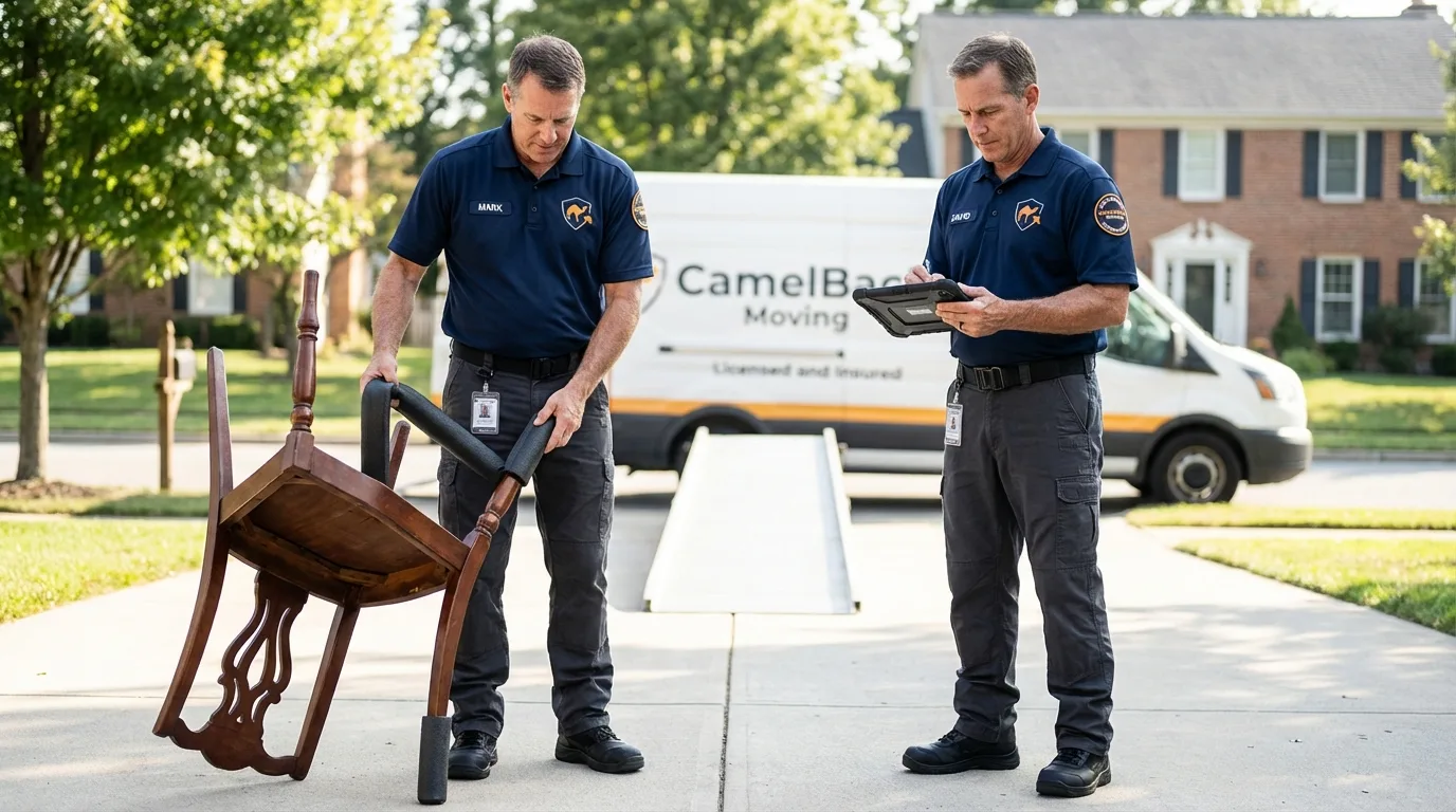 Movers inspecting furniture for damage prevention before loading in Zwolle, LA