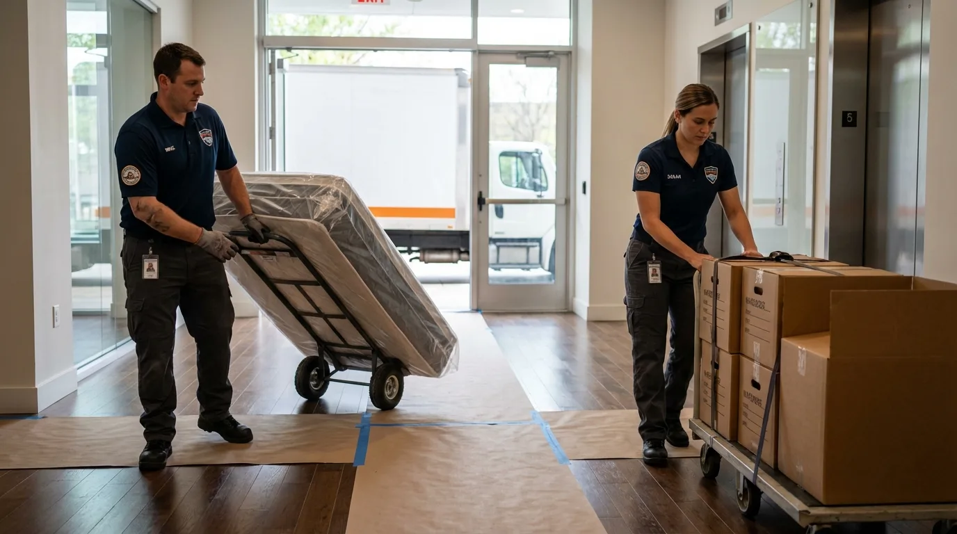 Professional apartment movers loading elevator in Zwolle, LA