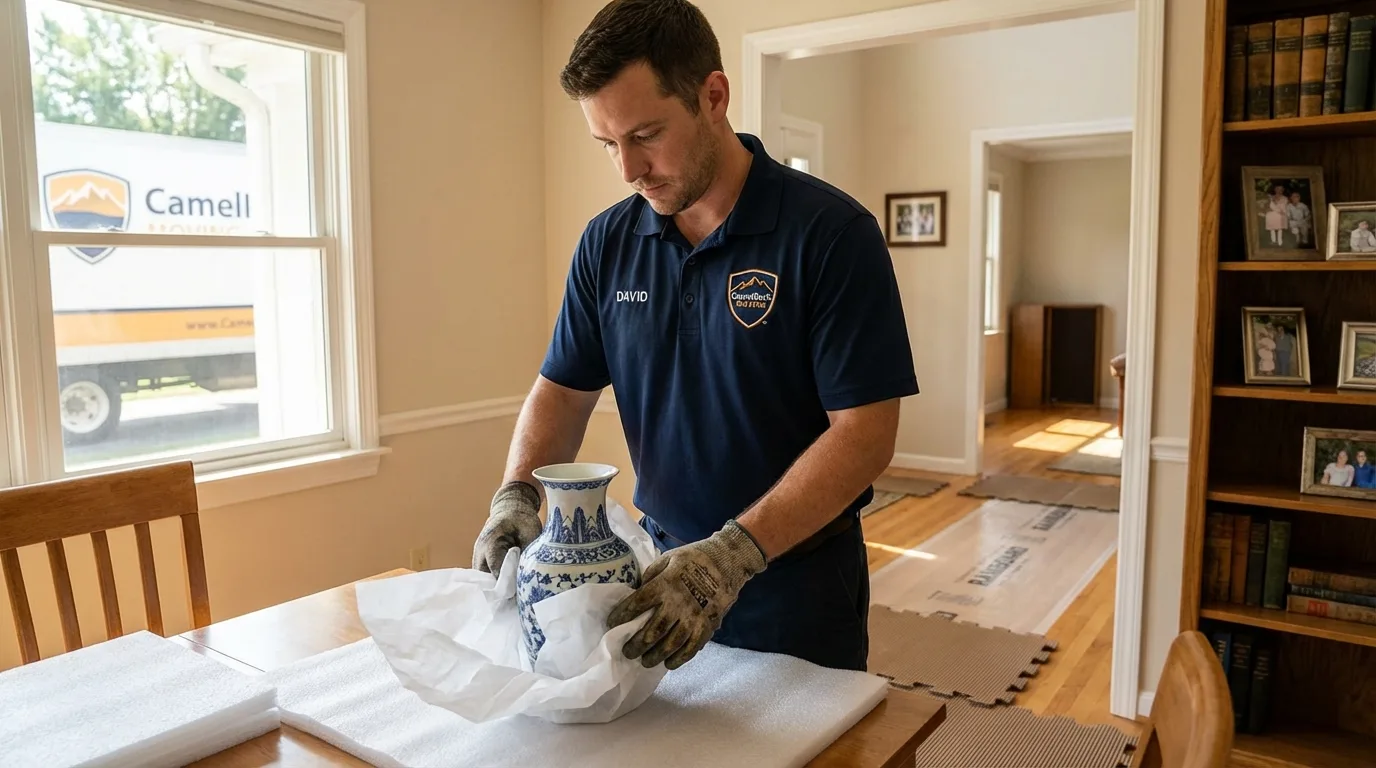 Professional crew carefully wrapping antique vase for senior downsizing move in Zwolle, LA